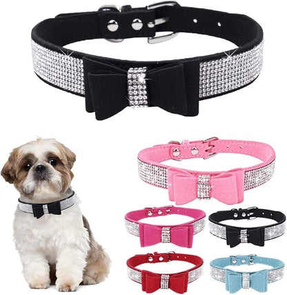 Diamond Medium Dog Collar for Girl, Rhinestone Dog Collar with Bow tie, Female Cat Collars Crystal Jeweled Bling Sparkling Glitter for Small Medium Large Dogs,Black,M