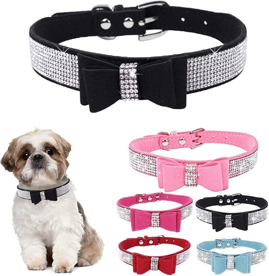 Diamond Medium Dog Collar for Girl, Rhinestone Dog Collar with Bow tie, Female Cat Collars Crystal Jeweled Bling Sparkling Glitter for Small Medium Large Dogs,Black,M