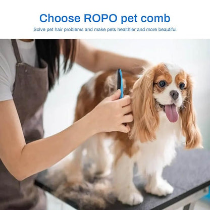 ROPO Dog and Cat Grooming Comb for Removing Matted Fur - Proper Care Prevents Knots and Mats in Long and Short-Haired Pets - Non-Slip Comfort Grip Handles (Plastic Rubber Handle, Blue)