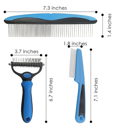 Pet Grooming Kit - Deshedding Brush with Metal Comb and Flea Comb for Detangling and Removing Matted Fur, Fleas on Cats and Dogs