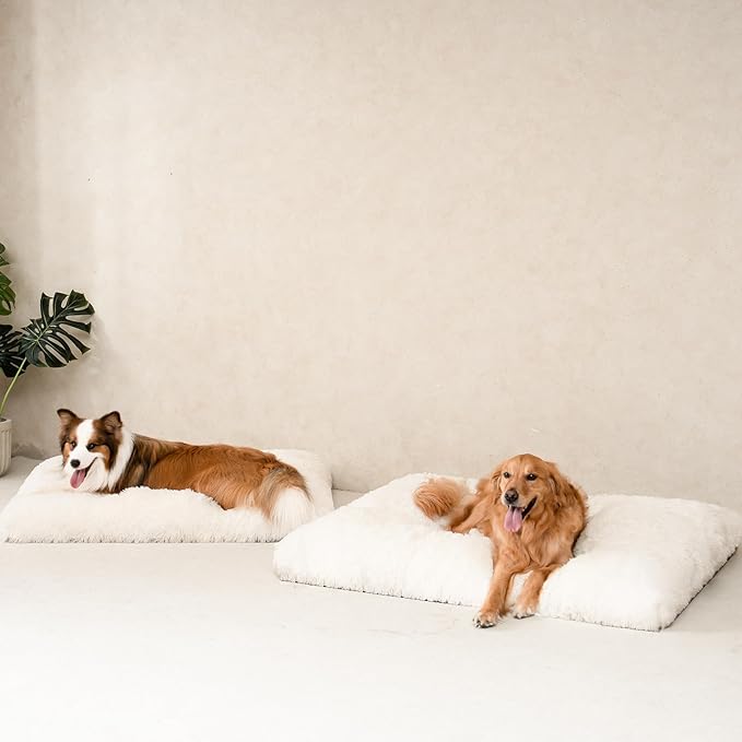 EHEYCIGA Fluffy XXL Dog Crate Pad, Plush Faux Fur Dog Bed for Extra Large Dogs, Calming Anti Anxiety XXL Dog Bed for Crate, Washable Soft Warm Dog Crate Mat with Non-Slip Bottom, Beige