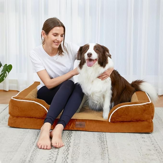 Large Dog Beds Orthopedic Foam, Waterproof Dog Beds for Large Sized Dogs, Comfy Washable Pet Bed Sofa with Removable Cover & Non-Slip Bottom(Large,Caramel)