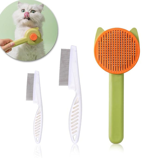 Pet Grooming Brush Kit for Cat and Dog, Hair Massage Cleaner with Release Button, 2 Flea Combs for Shedding Removing Tangles Loose Fur Self Cleaning Accessories, Green(3 Pieces Set)