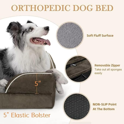 Cooling Dog Bed for Extra Large Dogs, Jumbo Dog Bed, Orthopedic Memory Foam Dog Bed, Jumbo Breed Dog Bed, Waterproof Dog Bed with Bolster & Removable Cover(Jumbo,Olive Green)