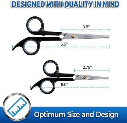 Pet Magasin Japanese Stainless Steel Grooming Scissors (2) for Facial Hair and Larger for Body Trimming with Round Tip (Black)