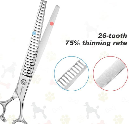 Dog Cat Scissors for Grooming, Pet Shears for Thick Coats and Matted Hair, Thinner Curved Straight Chunker Stainless Steel Shears