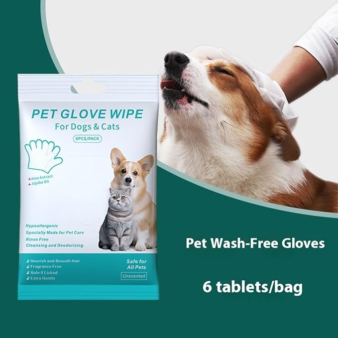 Pet Glove Wipes, Rinse Free, Cleaning & Deodorizing Bathing, Wipes for Animals Dogs, Cats, Pet Cleaning Gloves Wipes for Daily Care, Traveling, Hypoallergenic, 6Pcs, 2 Pack