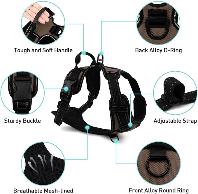 Joytale No Pull Dog Harness for Extra Large Dogs, Reflective Pet Vest with Front Clip, Adjustable Soft Padded Harnesses with Easy Control Handle for Training and Walking, Brown, XL