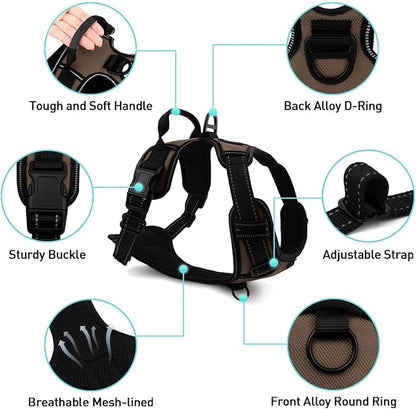 Joytale No Pull Dog Harness for Extra Large Dogs, Reflective Pet Vest with Front Clip, Adjustable Soft Padded Harnesses with Easy Control Handle for Training and Walking, Brown, XL