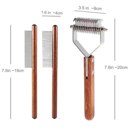 Undercoat Rake for Dogs and Cats, Pet brush for Dematting Comb, Pet Grooming Combs For Long-Haired & Short-Hair, Removes Dander, Dirt, and Detangles,With Wooden Handle 3 pack.