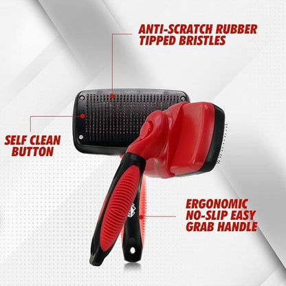 Outrav Self Cleaning Slicker Brush Dog & Cat Grooming Tool with Retractable Bristles Red, Animal Print, 1 Count (Pack of 1), Assembled, Metal & Rubber Construction, 7 Inches