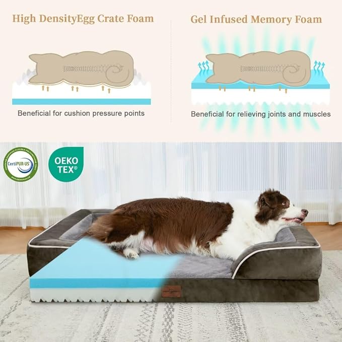Orthopedic Memory Foam Dog Bed, Cooling Dog Bed for Large Dogs, Waterproof Dog Beds, Washable Dog Bed with Removable Cover,Pet Bed Dog Sofa with Bolster(Large,Olive Green)