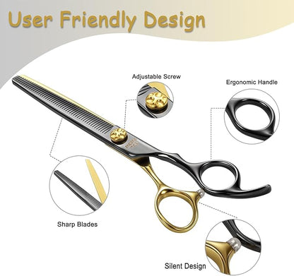 Black & Gold Professional Thinning Dog Grooming Scissors with Decorative Screw Sharp and Durable Japanese 440C Stainless Steel Pet Cat Texturizing Thinner Shears with Safe Round Tip 7''