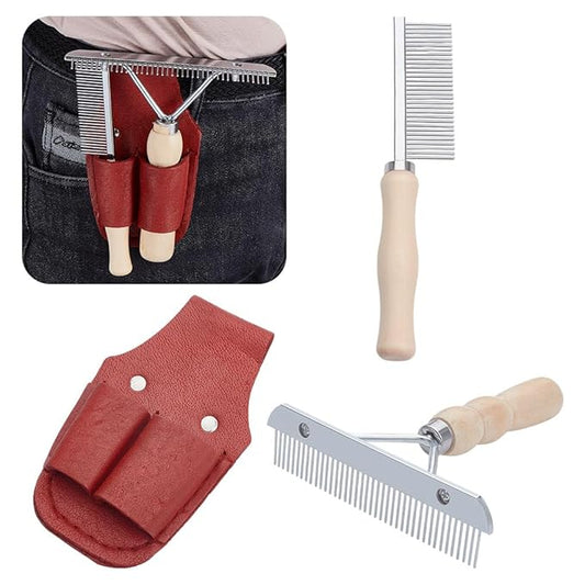 OLYCRAFT 2 Pcs Wooden Handle Grooming Comb with 1 Pc Leather Show Comb Holder Metal Tassel Combs Single-Sided Pet Comb Pet Grooming Comb for Removing Tangles and Knots Grooming Tool