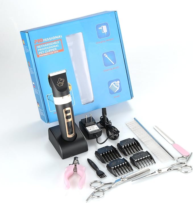 Otstar Professional Dog Grooming kit, 3 Speed Rechargeable Cordless Dog Clippers Low Noise Low Vibration, LED Screen Indicate Power/Lubricating/Cleaning