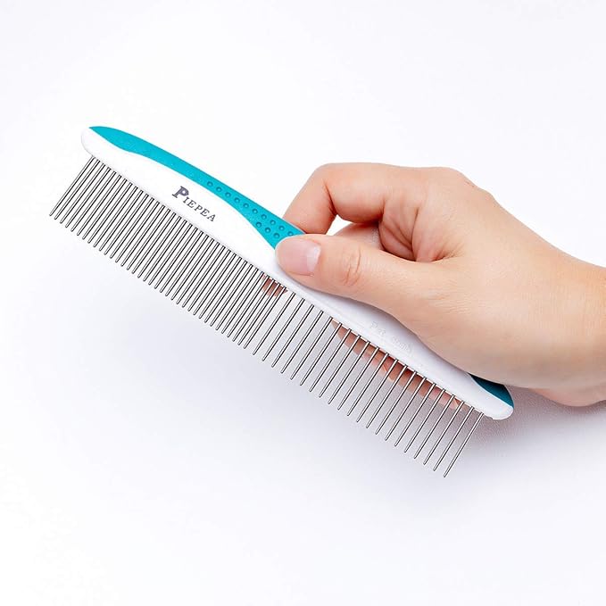Pet Comb, Stainless Steel Teeth Comb for Dogs & Cats, Pet Hair Comb for Home Grooming Kit, Removes Knots, Mats and Tangles, 7 1/4"