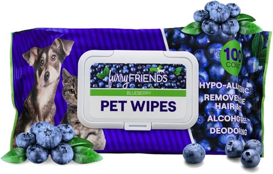 FurryFriends Pet Wipes | Blueberry Scented | Hypo-allergenic | Alcohol Free| Deodorizing | Removes Loose Hair & Dirt | Incredibly Clean | 100 ct. 1 Pack