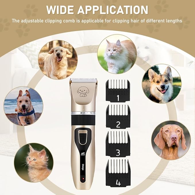 Pilarmuture Dog Grooming Clippers, Dog Hair Clipper with 4 Guard Combs, Low Noise Rechargeable Electric Cat Shaver Shears Tools for All Pets, Dog Trimmer for Grooming, Dog Shaver, Gold