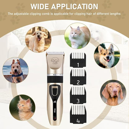 Pilarmuture Dog Grooming Clippers, Dog Hair Clipper with 4 Guard Combs, Low Noise Rechargeable Electric Cat Shaver Shears Tools for All Pets, Dog Trimmer for Grooming, Dog Shaver, Gold