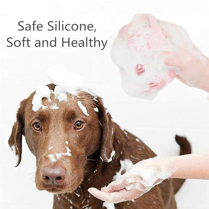 Portable Dog Bath Brush - Pet Massage Brush Shampoo Dispenser, Soft Silicone Brush Rubber Bristle for Dogs and Cats Shower Grooming (Pink)