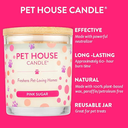 Pet House 9 oz Pink Sugar Scented Pet Odor Candle, Clean Burning, Long Lasting, Plant Based Spring, Summer Scented Soy Candle, 60 Hour Burn Time