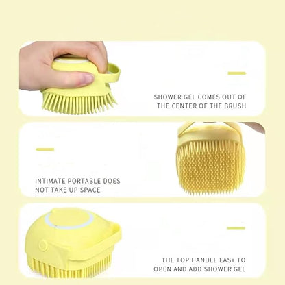 Pet Dog Bath Brush Soft Silicone Dog Shampoo Brush, Fur Grooming Cleaning Brush Shampoo Dispenser (Yellow)