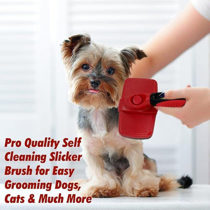 Outrav Self Cleaning Slicker Brush Dog & Cat Grooming Tool with Retractable Bristles Red, Animal Print, 1 Count (Pack of 1), Assembled, Metal & Rubber Construction, 7 Inches