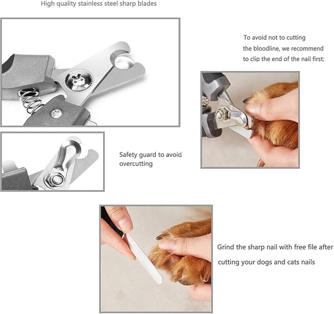 Pet Nail Clippers and Trimmers Set Safety Guard to Avoid Over Cutting Razor Sharp Blades Grooming Tool for All Small Large Dog Cat (Grey)