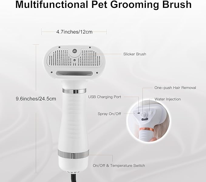 3-in-1 Pet Grooming Tool - Hair Dryer with Slicker Brush & Steam Spray, Self-Cleaning Deshedding Brush with USB Rechargeable for Dogs/Cats, Ideal for Home & Travel