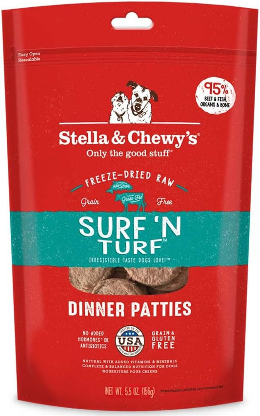 Stella & Chewy's Freeze Dried Raw Dinner Patties – Grain Free Dog Food, Protein Rich Surf ‘N Turf Salmon & Beef Recipe – 5.5 oz Bag