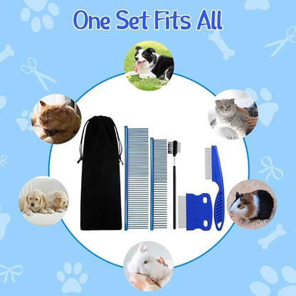 Pet Grooming Comb Kit - Flea Combs for Dog and Cat, 5Pcs Lice Combs and Tear Stain Remover Comb with Stainless Steel Teeth, Professional Pet Grooming Tool with Portable Bag for Removing Knots & Tangle