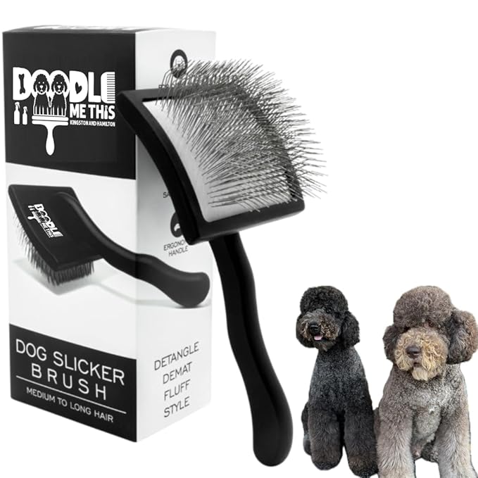 Slicker Brush for Goldendoodles and Long Haired Dogs Black Finish Long Stainless Steel Pins for Detangling and DeMatting Grooming Tool for Home by Doodle Me This Kingston and Hamilton