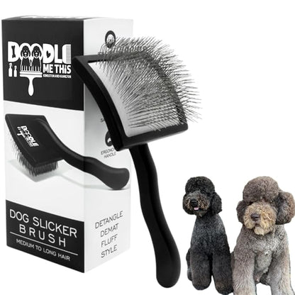 Slicker Brush for Goldendoodles and Long Haired Dogs Black Finish Long Stainless Steel Pins for Detangling and DeMatting Grooming Tool for Home by Doodle Me This Kingston and Hamilton