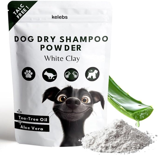 Talc-Free Dog Anti Itch Dry Shampoo Powder for Smelly Dogs, Pet Deodorizer for Skin, Ear & Paw - White Clay & Aloe Vera - 3.5 Oz