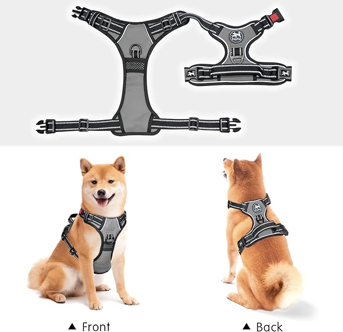PoyPet Dog Harness No Pull, Reflective Adjustable No Choke Pet Vest with Front & Back Clips, Soft Padded and Control Training Handle for Large Dogs(Grey,XL)