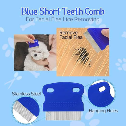 Pet Grooming Comb Kit - Flea Combs for Dog and Cat, 5Pcs Lice Combs and Tear Stain Remover Comb with Stainless Steel Teeth, Professional Pet Grooming Tool with Portable Bag for Removing Knots & Tangle