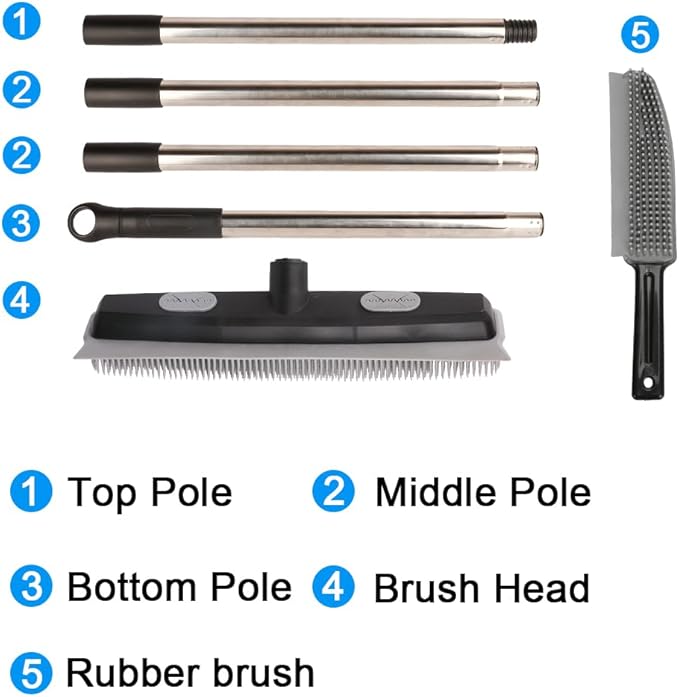 Pet Hair Rubber Broom with Carpet Rake and Pet Brush, 2 in 1 Floor Brush for Carpet, 62 inch Adjustable Handle