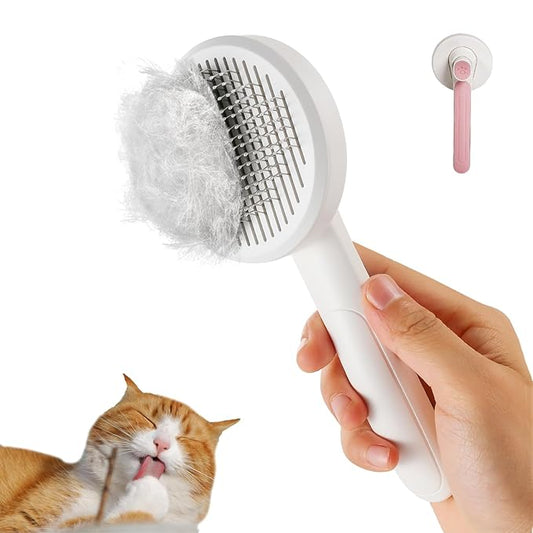 New cat brush&dog brush,pet hair brush with Self Cleaning Button Easy to remove loose undercoat，Needle-tip massage beads, no harm to the skin(Pink)