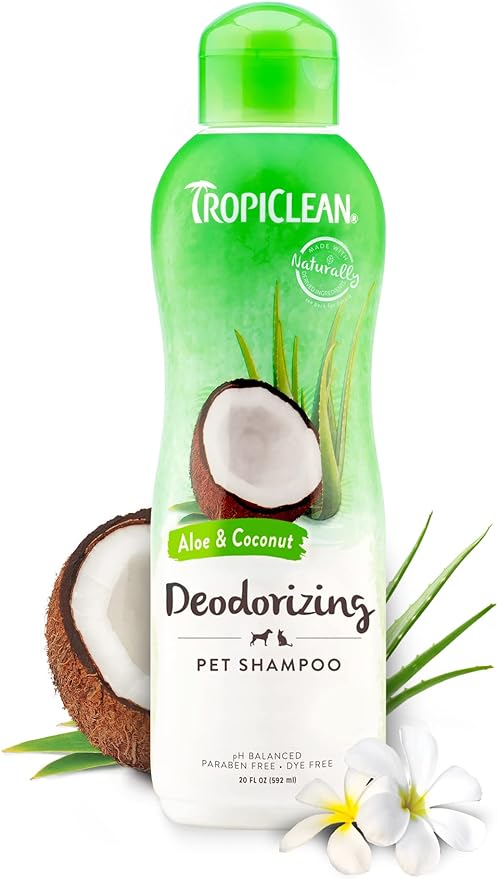 TropiClean Deodorizing Dog Shampoo for Smelly Dogs, Powerful Odor Control, Puppy Safe, Made in the USA, Aloe & Coconut Scent, Cat Friendly, 20oz.