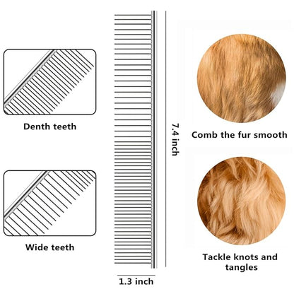 QUMY Dog Comb for Dematting, Stainless Steel Pet Grooming Comb, Removes Dead, Matted or Knotted Hair, Finishing and Fluffing, Comfort-Grip Handle - Pack of 1