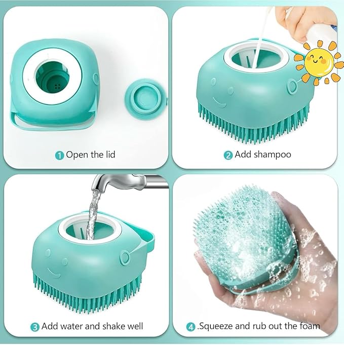 Pet Bath Massage Brush with Soap Dispenser, Soft Silicone Grooming Tool for Dogs Cats