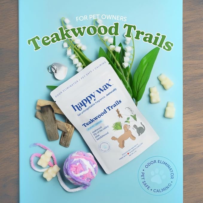 Happy Wax Teakwood Trails Wax Melts for Pet Owners – Odor Eliminating, Calming, Pet-Safe, Non-Toxic, Dye-Free, Perfect for Use with Wax Warmers - 4 oz Pouch