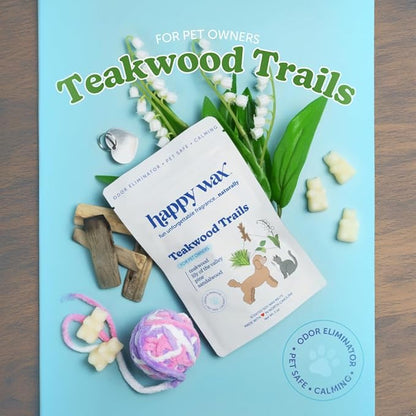 Happy Wax Teakwood Trails Wax Melts for Pet Owners – Odor Eliminating, Calming, Pet-Safe, Non-Toxic, Dye-Free, Perfect for Use with Wax Warmers - 4 oz Pouch