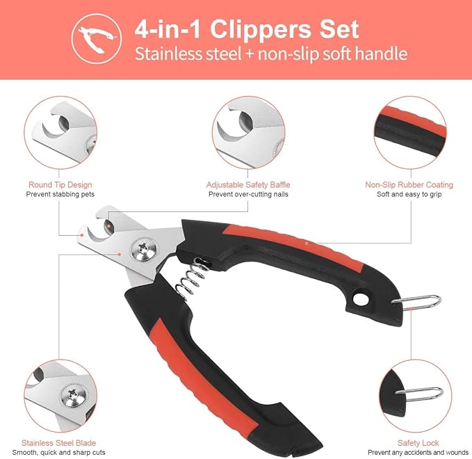 Nail Clipper Trimmer Set for Pet Cats, Dogs, etc., Quick Safety Guard to Avoid Over-Trimming, Stainless Steel Razor Blades, Non-Slip Handle, and Nail File, Professional pet Grooming Tools