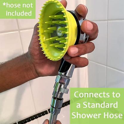 WD Handheld Shower Brush with On/Off Switch and Water Pressure Control | Shield Water While Brushing and Washing Simultaneously | Dog Washing Shower Attachment