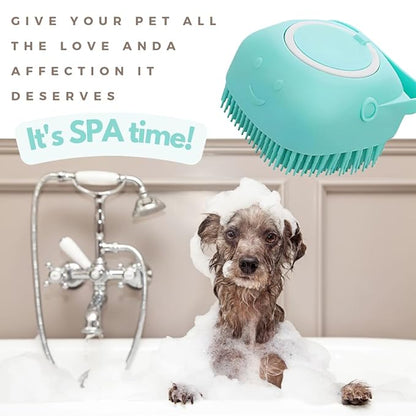 Silicone Pet Bath Brush with Shampoo Dispenser - For Dogs, Cats, and Puppies - Aquamarine Color