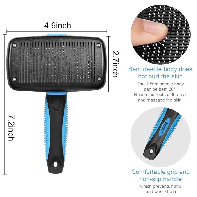 Slicker Brush - Self Cleaning Hair Brush for Dogs, Cats & Bunny - Grooming & Shedding Tool for All Pets - Non Slip Rubber Handle & Soft Bristles - Unisex, Blue
