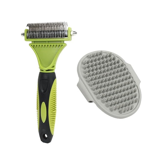 Pet Dematting Comb - 2 Sided Undercoat Rake for Cats & Dogs - Safe Grooming Tool for Easy Mats & Tangles Removing - Medium and Long Haired Cats Dogs Brush for Shedding. (Green)