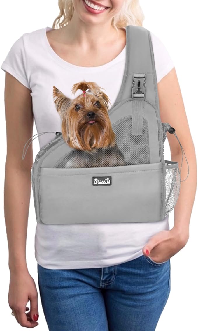SlowTon Pet Dog Sling Carrier, Hands Free Hard Bottom Papoose Small Animal Puppy Up to 6 lbs Travel Bag Tote Breathable Mesh Support Adjustable Padded Strap Pocket Safety Belt(Widened Grey)