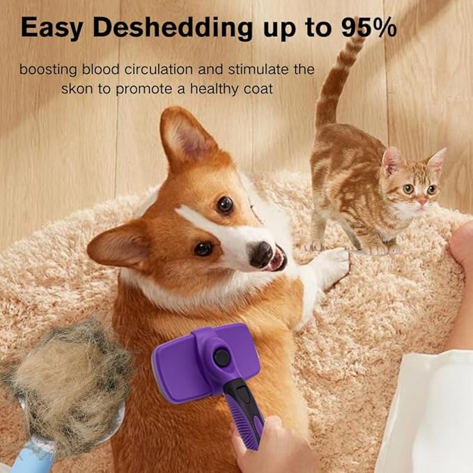 Pet Grooming Brush for Cats and Dogs, Self-Cleaning Sliker Brush for Removes Mats, Tangles, and Loose Hair, Shedding Brush for Short or Long Haired Cats/Dogs